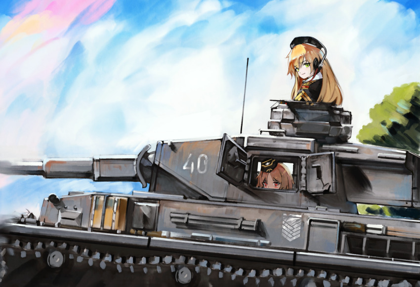 2girls, blonde_hair, brown_hair, girls'_frontline, green_eyes, hair_between_eyes, headset, highres, long_hair, looking_at_viewer, military_vehicle, motor_vehicle, mp40_(girls'_frontline), multiple_girls, panzer_iv, red_eyes, roughycolor, stg44_(girls'_frontline), stg44_(mod3)_(girls'_frontline), tank, tank_cupola