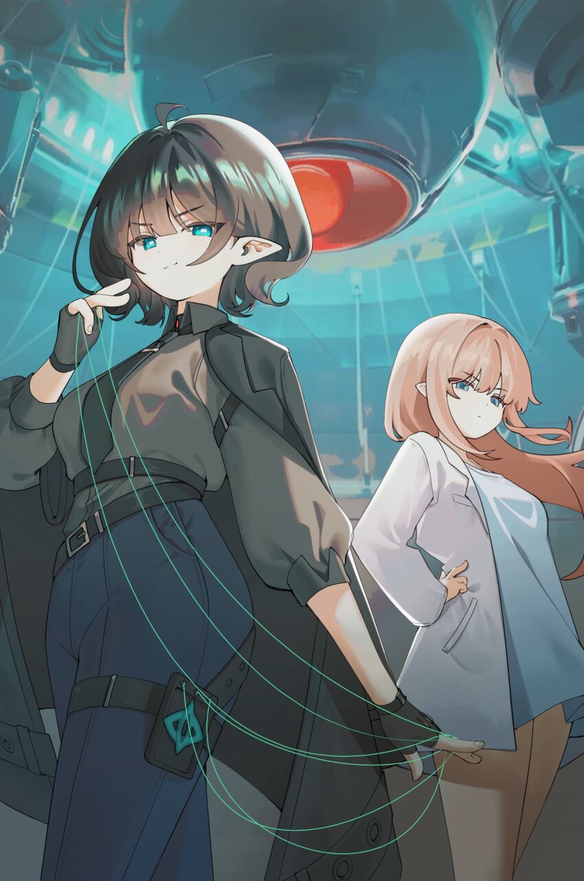 absurdres, black_hair, blue_eyes, blue_pants, coat, coat_on_shoulders, elena_(trickcal), fingerless_gloves