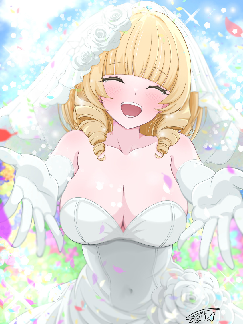 1girl, absurdres, blonde_hair, breasts, bridal_veil, cleavage, closed_eyes, dress