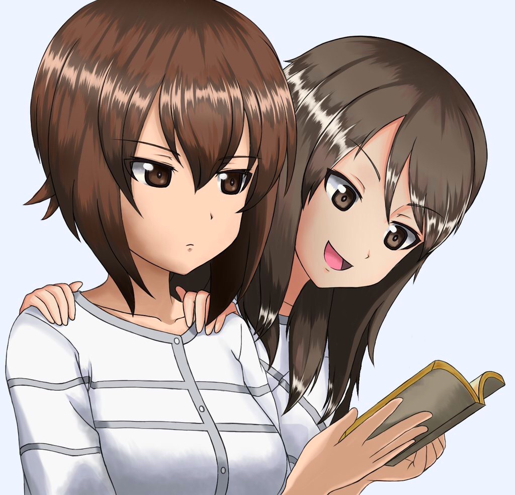 2girls, breasts, brown_eyes, brown_hair, casual, closed_mouth, girls_und_panzer, grey_shirt