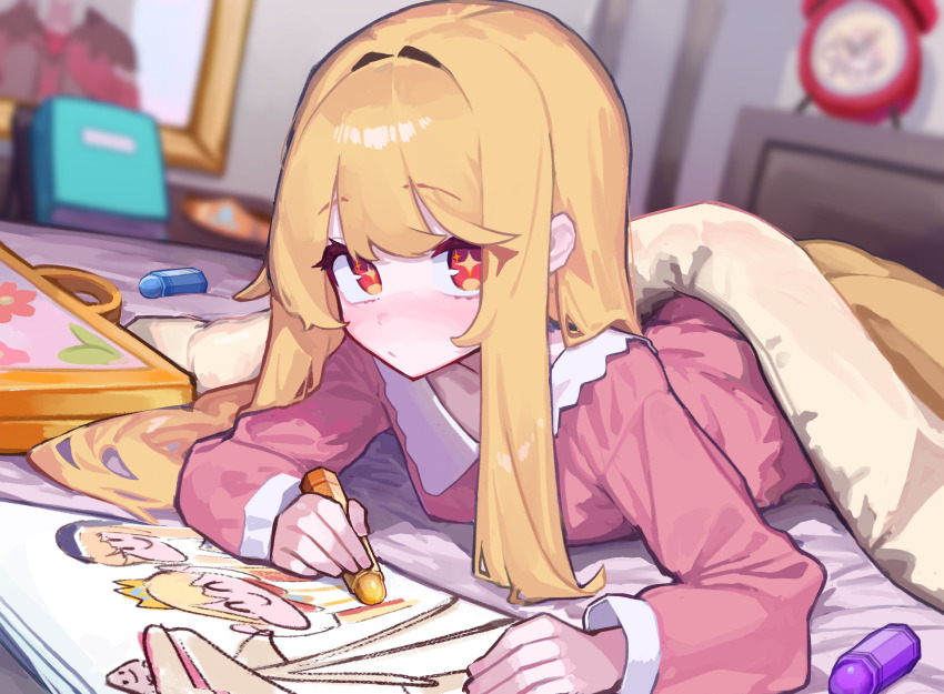 +_+, 1girl, :/, alarm_clock, alternate_costume, bed, bedroom, belita_(trickcal), blanket, blonde_hair, blush, clock, coloring_book, commentary_request, crayon, crown, doodle_leader_(trickcal), drawing_(action), drawing_(object), erpin_(trickcal), highres, korean_commentary, long_hair, long_sleeves, looking_at_viewer, lying, myanja, ner_(trickcal), on_bed, on_stomach, pajamas, pink_pajamas, portrait_(object), red_eyes, solo, trickcal, unworn_crown