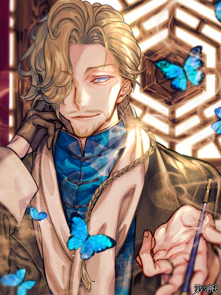 1boy, beard_stubble, black_gloves, blonde_hair, blue_butterfly, blue_eyes, braid, bug, butterfly, copyright_name, dairoku_ryouhei, facial_hair, gloves, hair_over_one_eye, hand_up, indoors, insect, jakes_liar, kamiya_ichi, male_focus, mustache, smoke, smoking_pipe, solo, stubble, upper_body