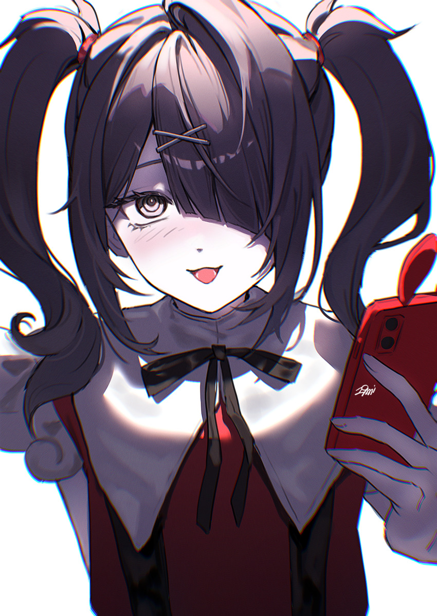 1girl, :d, ame-chan_(needy_girl_overdose), arm_behind_back, black_eyes, black_hair, black_ribbon, cellphone