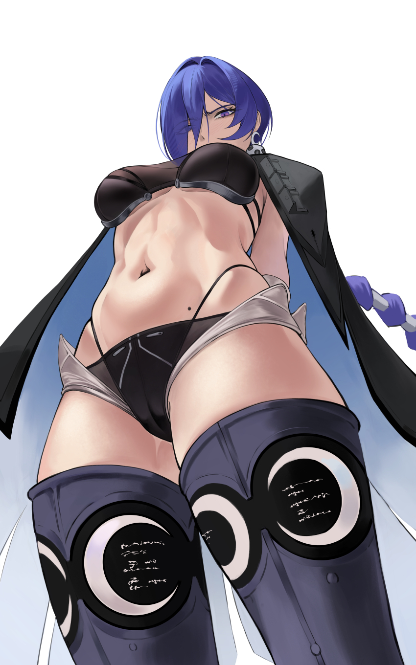 1girl, absurdres, arms_behind_back, black_cloak, blue_hair, blush, breasts, cloak