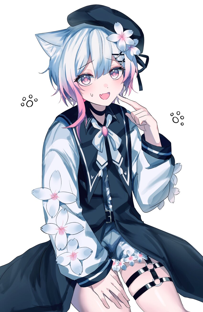 1girl, :d, absurdres, animal_ear_fluff, animal_ears, beret, black_dress, black_hat, cat_ears, commentary_request, cowboy_shot, dress, ekaze202, flower, gradient_hair, hair_flower, hair_ornament, hat, highres, index_finger_raised, kemonomimi_mode, long_sleeves, looking_at_viewer, mahou_shoujo_no_majo_saiban, multicolored_hair, o-ring, o-ring_thigh_strap, open_mouth, pink_eyes, pink_hair, sakuraba_ema, short_hair, shorts, simple_background, sitting, smile, solo, sweatdrop, thigh_strap, white_background, white_flower, white_hair, white_shorts, x_hair_ornament
