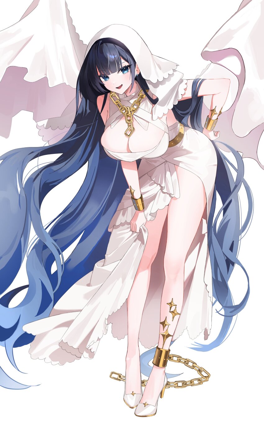 1girl, :d, absurdres, ancient_greek_clothes, blue_eyes, blue_hair, blunt_bangs, breasts