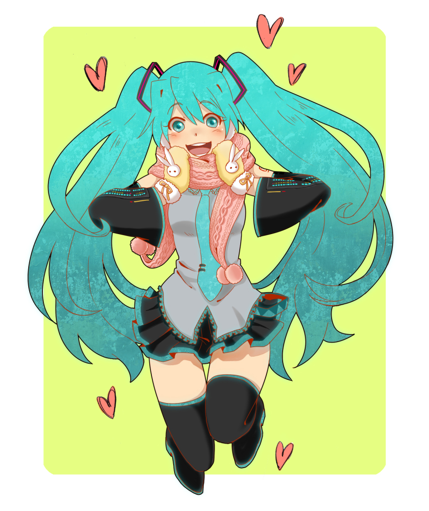 1girl, aqua_eyes, aqua_hair, bad_id, bad_pixiv_id, blush, boots, detached_sleeves, earmuffs, female_focus, hatsune_miku, heart, highres, long_hair, mirinae5937, mittens, necktie, open_mouth, rabbit, scarf, skirt, solo, thigh_boots, thighhighs, twintails, very_long_hair, vocaloid