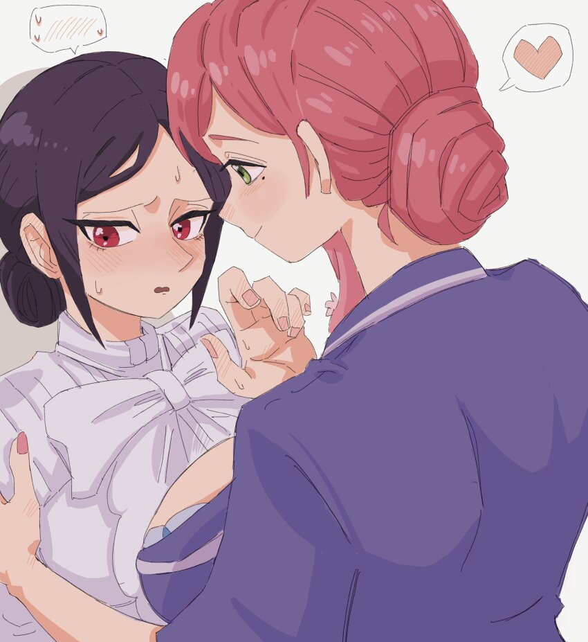 2girls, black_hair, blush, breasts, closed_mouth, commentary_request, flustered, green_eyes, hanazono_hahari, heart, highres, kimi_no_koto_ga_dai_dai_dai_dai_daisuki_na_100-nin_no_kanojo, large_breasts, looking_at_another, mature_female, mole, mole_under_eye, morikita_kimari, multiple_girls, open_mouth, pink_hair, red_eyes, s2h331, smile, spoken_heart, sweat, yuri