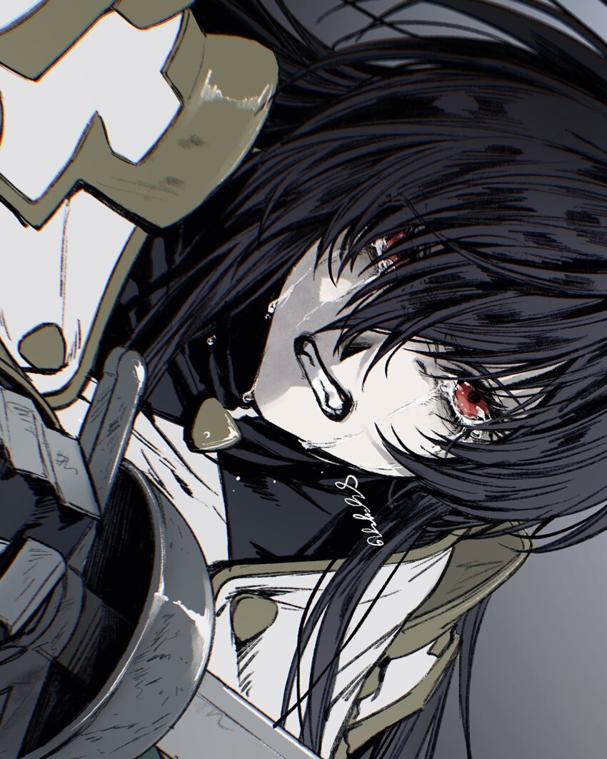 1girl, armor, black_hair, clenched_teeth, crossed_bangs, crying, crying_with_eyes_open, grey_background