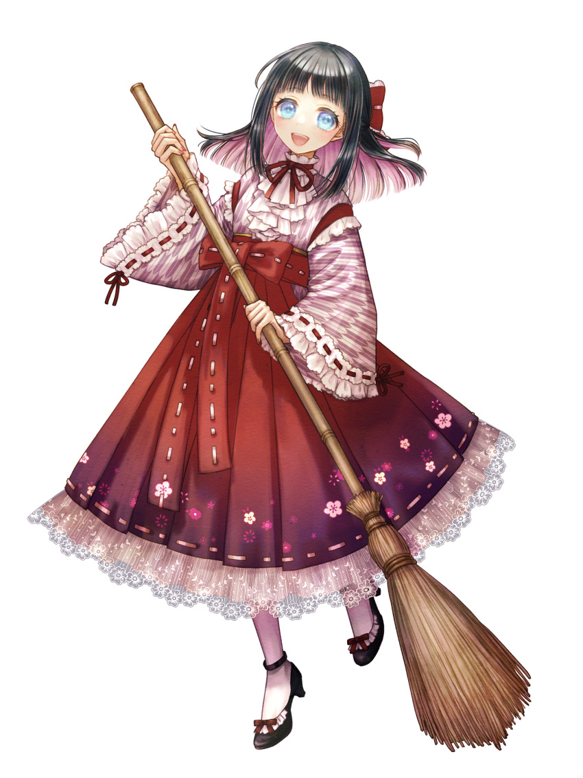 1girl, black_hair, black_shoes, blue_eyes, bow, broom, colored_inner_hair, full_body