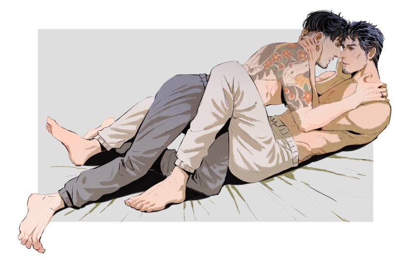 2boys, back_tattoo, barefoot, black_hair, border, brown_eyes, commentary, facial_hair, goatee, grey_pants, hand_on_another's_face, hand_on_another's_shoulder, highres, kiryu_kazuma, lumuscus, lying, majima_goro, male_focus, medium_sideburns, multiple_boys, on_back, open_mouth, pants, ryuu_ga_gotoku_(series), short_hair, sideburns, smile, sweatpants, tattoo, topless_male, untranslatable_commentary, white_border, white_pants, yaoi