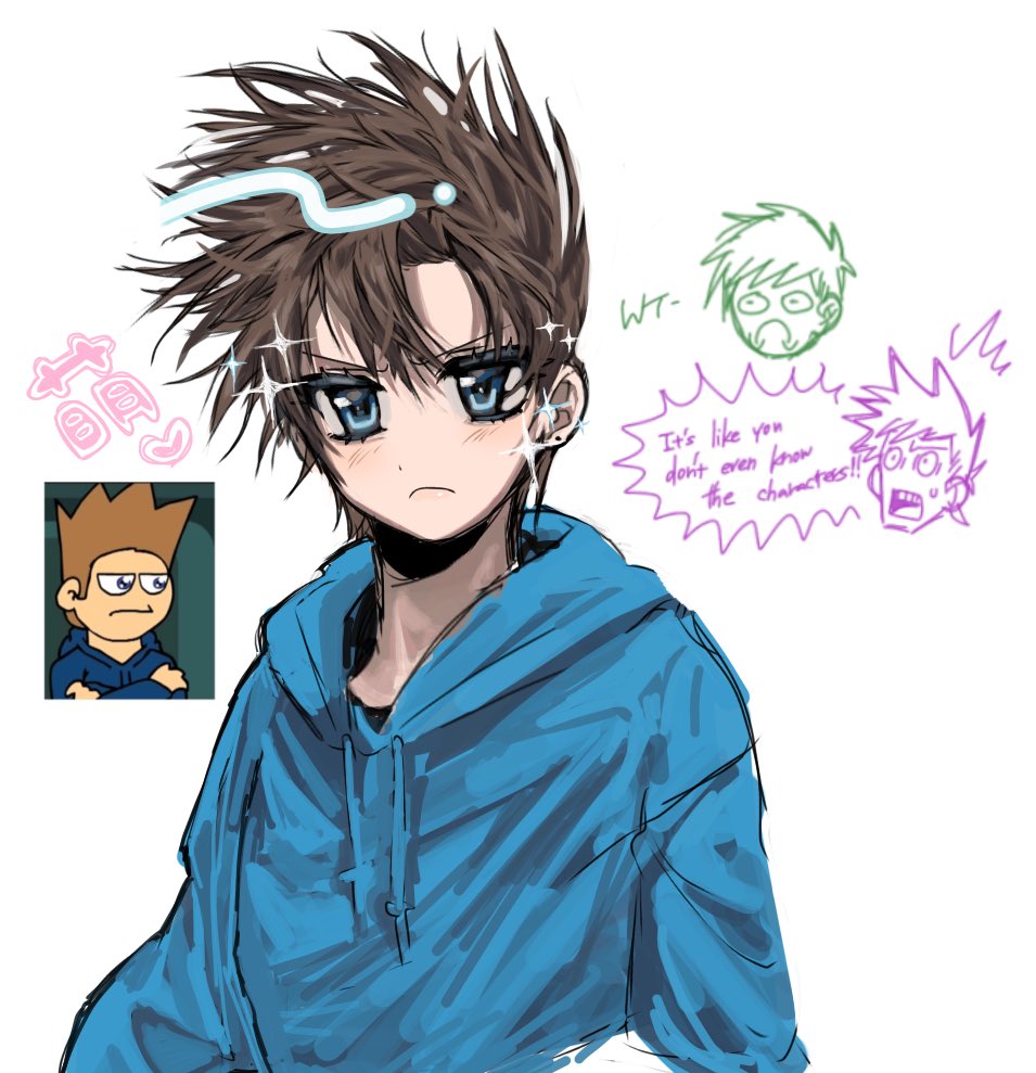 3boys, alternate_eye_color, animification, bishounen, blue_eyes, blue_hoodie, blush, brown_hair