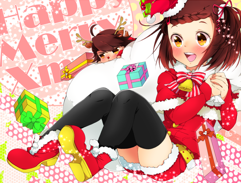 10s, 1boy, 1girl, age_difference, bad_id, bad_pixiv_id, bell, black_thighhighs, blush, boots, bow, braid, braided_bangs, brown_eyes, brown_hair, chibi, father_and_child, father_and_daughter, gift, hair_bow, hair_ornament, hair_ribbon, hairclip, hanata, hat, kaburagi_kaede, kaburagi_t._kotetsu, parent_and_child, ribbon, rubber_nose, sack, santa_costume, santa_hat, side_ponytail, thighhighs, tiger_&amp;_bunny