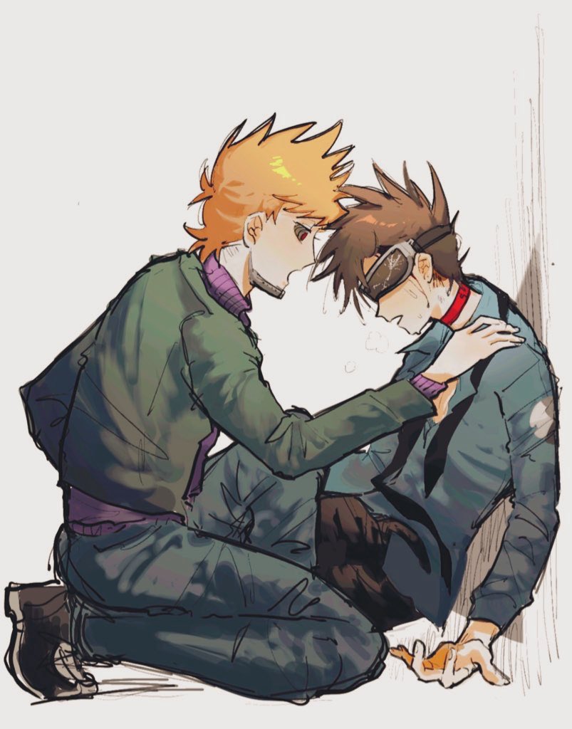 2boys, animification, artificial_eye, black_necktie, black_pants, black_shoes, blue_pants, blue_shirt