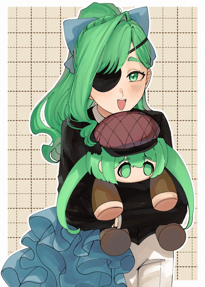 1girl, absurdres, blush, border, bow, brown_background, character_doll, cowboy_shot