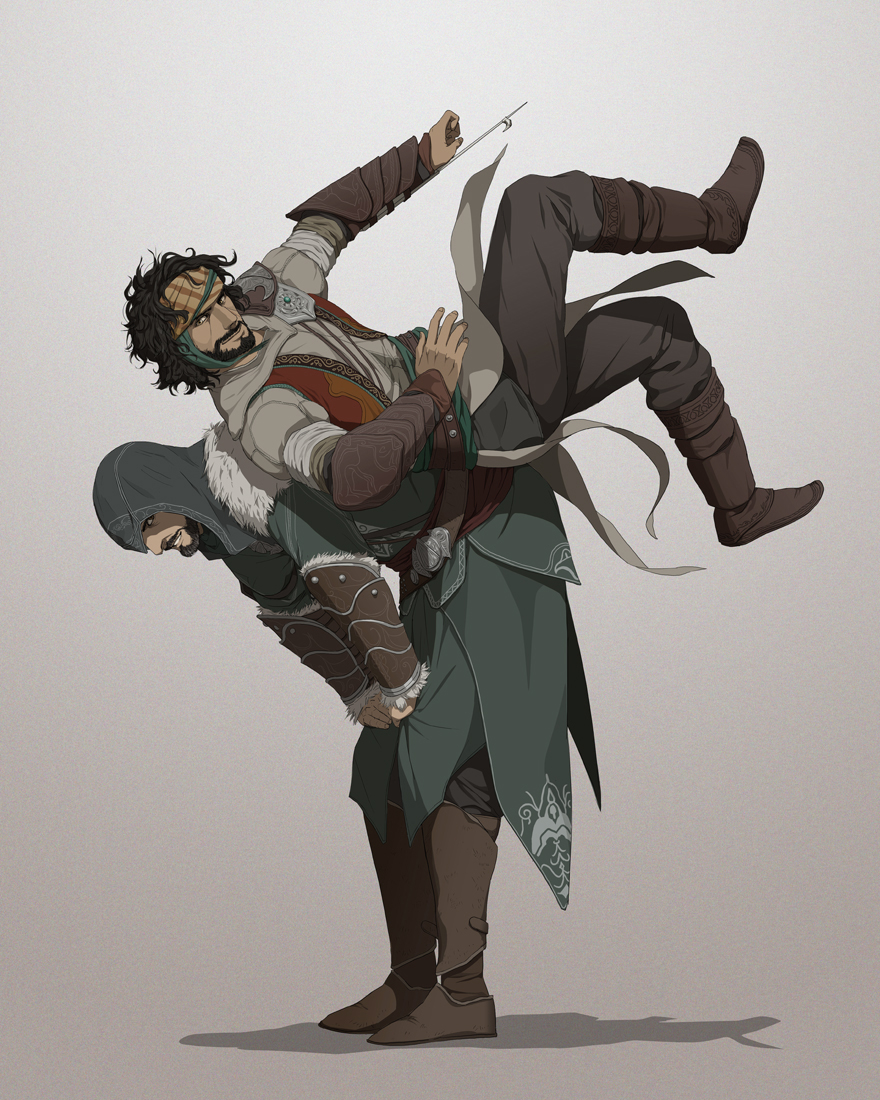 2boys, armor, assassin's_creed, assassin's_creed:_revelations, assassin's_creed_(series), beard, belt, bent_over, black_hair, blade, boots, concealed_weapon, ezio_auditore_da_firenze, facial_hair, fur_trim, gb_(doubleleaf), gradient_background, hands_on_own_knees, headband, hidden_blade_(assassin's_creed), hood, jacket, knee_boots, looking_at_another, multiple_boys, mustache, pants, patterned, pauldrons, sash, shaded_face, shadow, short_hair, shoulder_armor, simple_background, smile, vambraces, weapon, yusuf_tazim