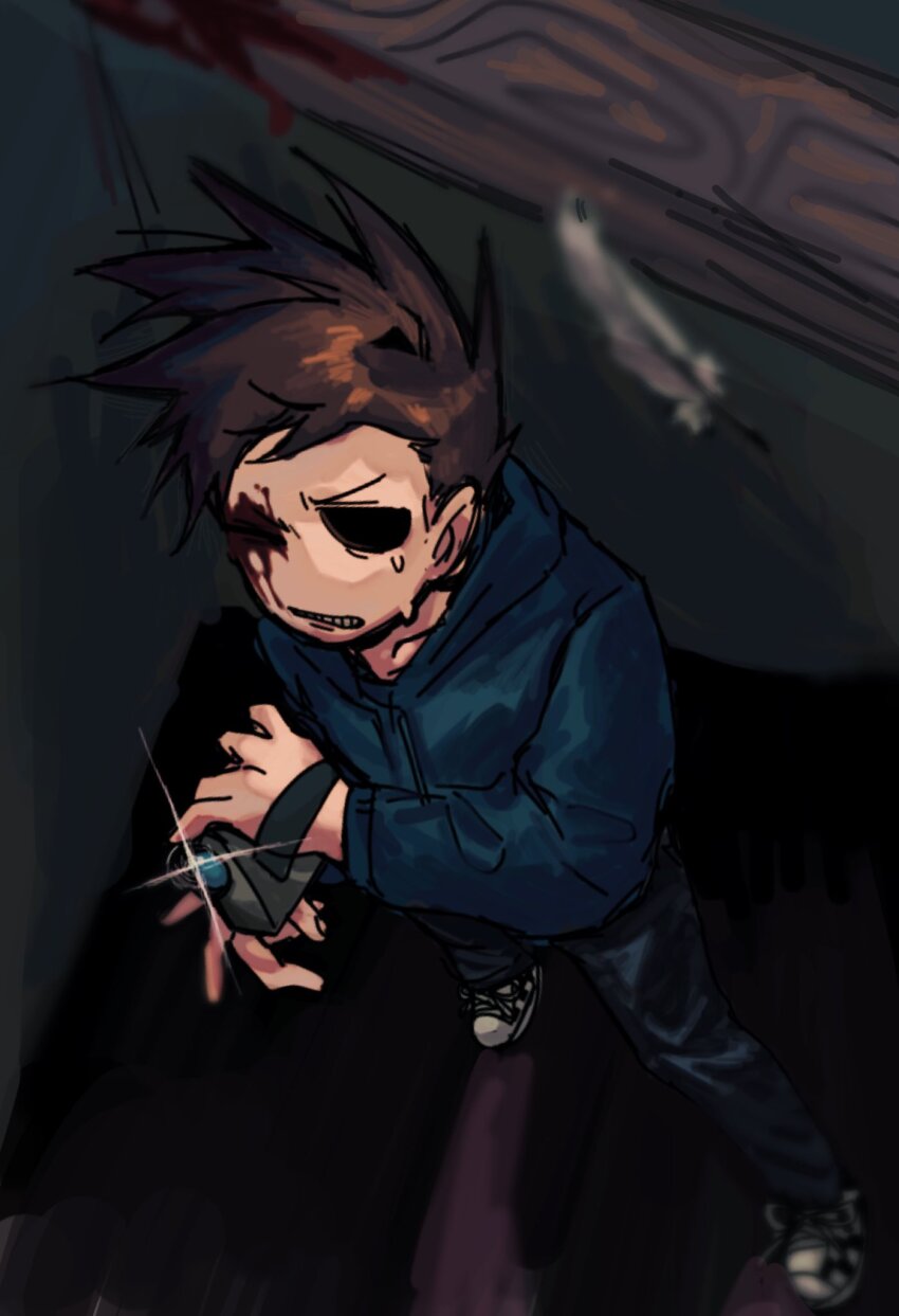 1boy, animification, black_pants, blood, blood_on_face, blue_hoodie, brown_hair, camcorder, camera, canon_event, checkered_shoes, clenched_teeth, commentary_request, drawstring, dutch_angle, eddsworld, feathers, from_above, full_body, highres, holding, holding_camera, hollow_eyes, hood, hood_down, hoodie, long_sleeves, male_focus, one_eye_closed, pants, perspective, pznogrosqe22114, scene_reference, shoes, short_hair, sneakers, solo, spiked_hair, standing, sweat, teeth, tom_(eddsworld), video_camera
