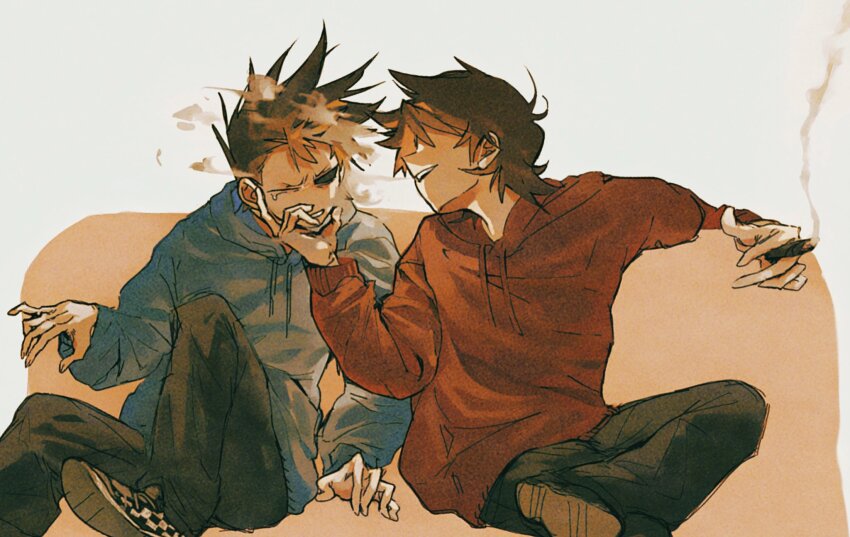 2boys, animification, annoyed, antenna_hair, black_pants, blowing_smoke, blue_hoodie, brown_hair