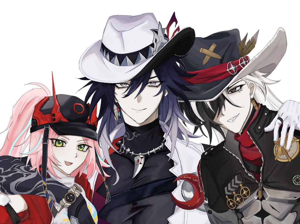 1girl, 2boys, arm_around_shoulder, ashveil_(honkai:_star_rail), badge, baseball_cap, black_hair, boothill_(honkai:_star_rail)