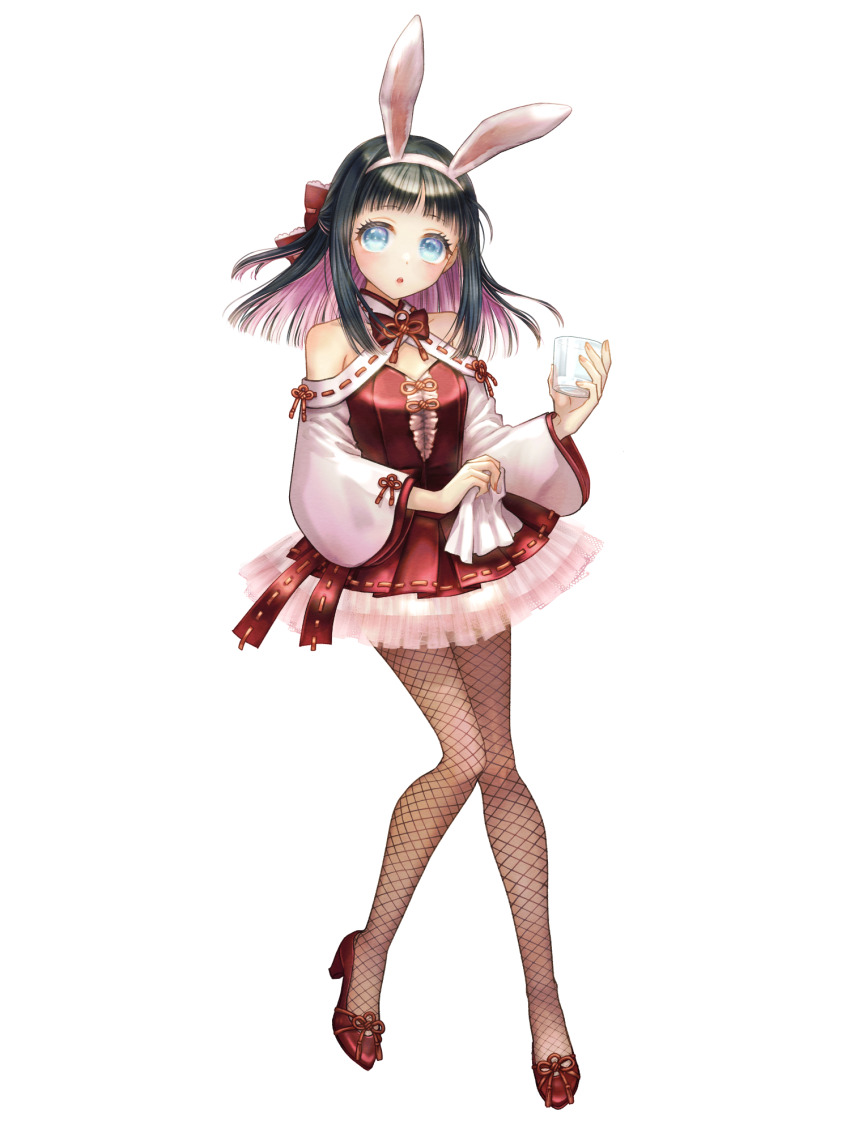 1girl, animal_ear_hairband, animal_ears, black_hair, blue_eyes, bow, breasts, cleavage