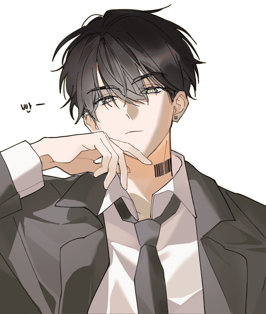 1boy, barcode, barcode_tattoo, black_hair, black_jacket, black_necktie, dress_shirt, earrings, formal_clothes, green_eyes, hand_on_own_face, highres, ieemanchi, jacket, jewelry, korean_text, layered_sleeves, looking_at_viewer, male_focus, neck_tattoo, necktie, portrait, robo_frostor, shirt, short_hair, simple_background, skoshism, stud_earrings, suit, suit_jacket, tattoo, virtual_youtuber, white_background, white_shirt