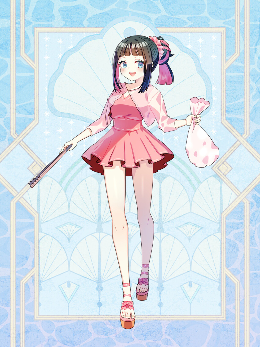 1girl, :d, black_hair, blue_background, blue_eyes, blunt_bangs, blush, breasts