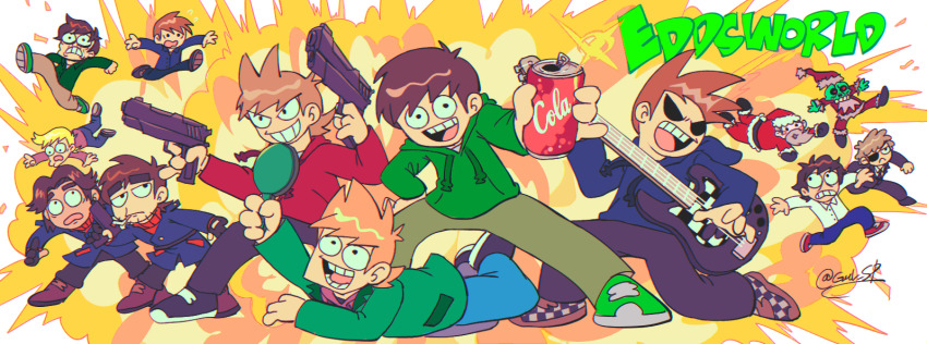 6+boys, :d, antenna_hair, bass_guitar, black_eyes, blonde_hair, blue_coat, brown_hair