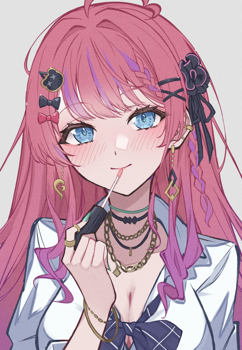 1girl, absurdres, ahoge, applying_lipgloss, black_bow, black_ribbon, blue_bow, blue_bowtie