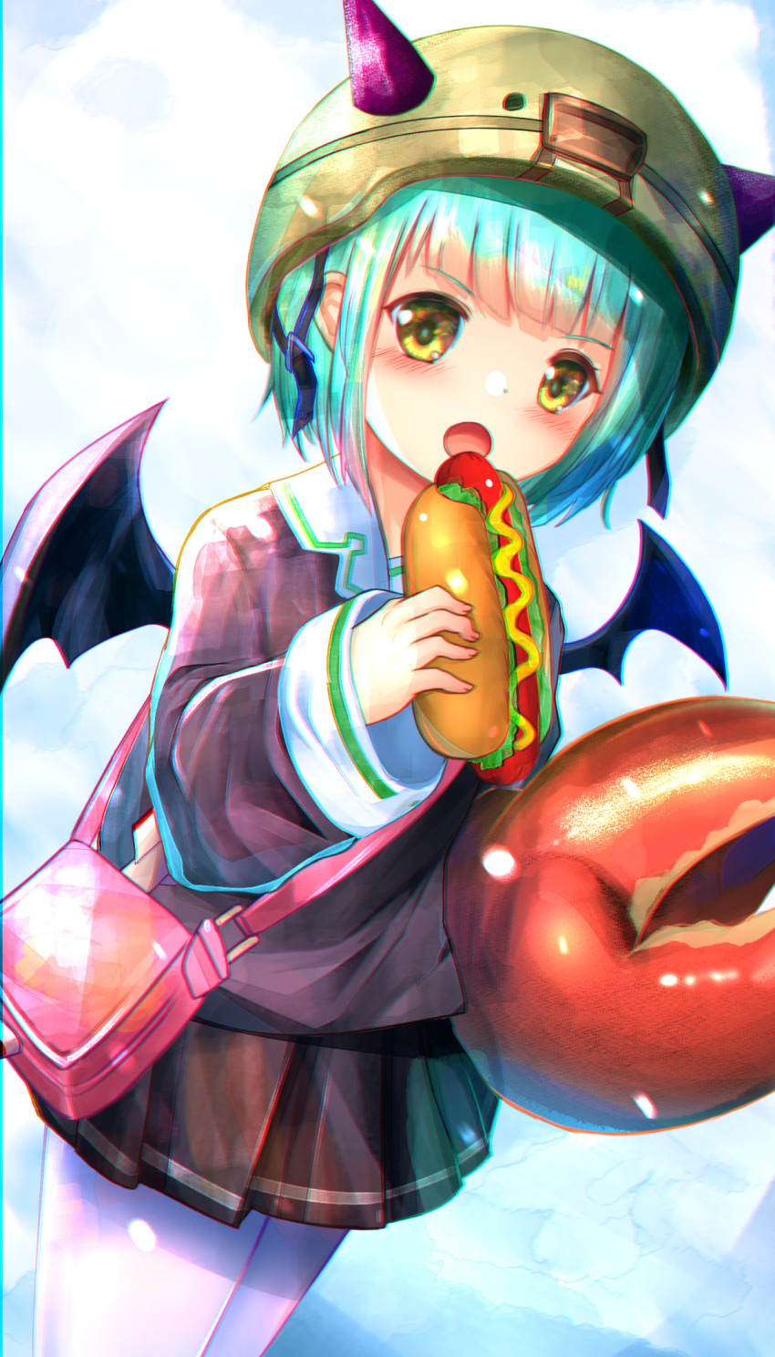 1girl, :o, bag, black_shirt, black_skirt, blue_hair, blunt_bangs, blush