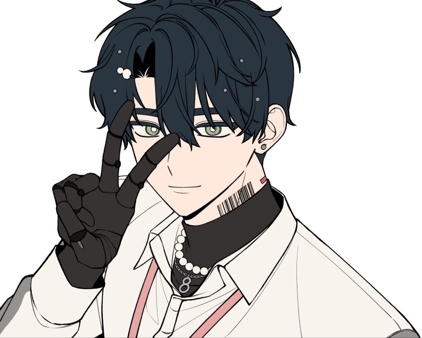 1boy, barcode, barcode_tattoo, black_hair, black_shirt, chain, chain_necklace, dress_shirt