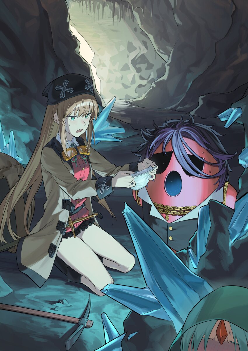 1boy, 2girls, absurdres, aqua_eyes, belt, belt_buckle, black_belt, black_boots