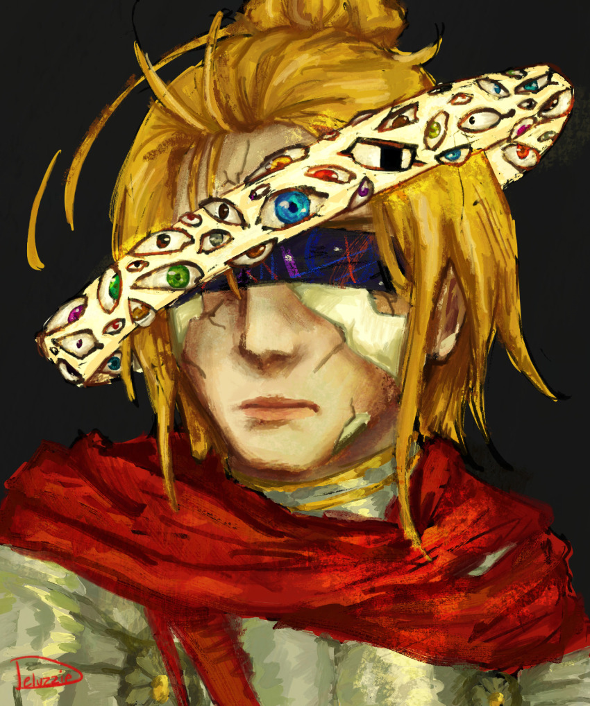 1girl, armor, blonde_hair, cape, crack, deluzzie, esoteric_ebb, ettir_(esoteric_ebb), hair_bun, halo, highres, red_cape, short_hair, upper_body