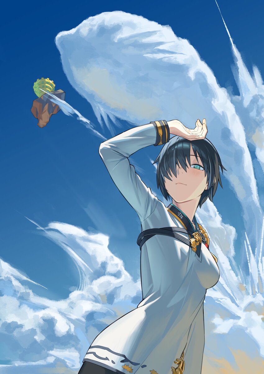 1girl, absurdres, aqua_eyes, arm_up, black_hair, blue_sky, closed_mouth, cloud