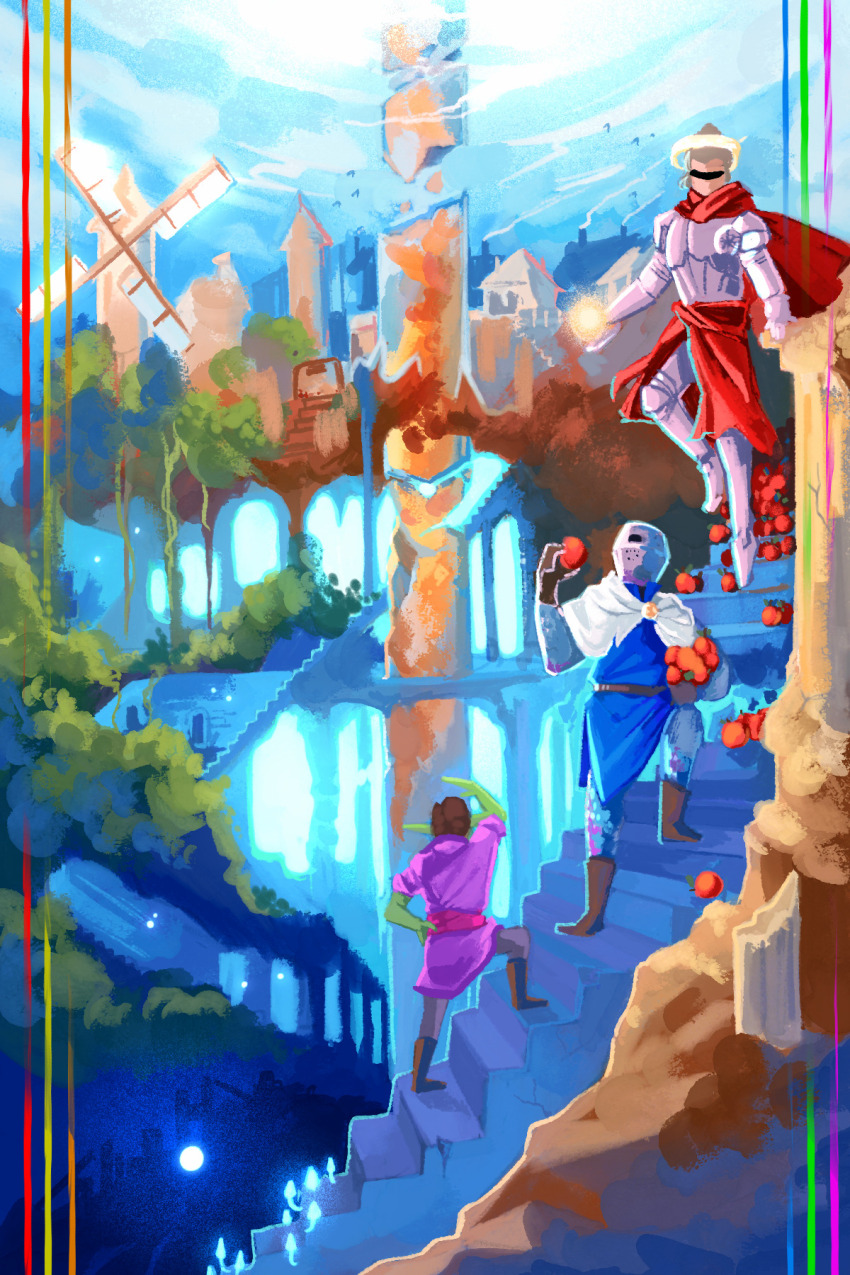 1boy, 1girl, 1other, apple, armor, blue_tunic, boots, cape, colored_skin, commentary, english_commentary, esoteric_ebb, ettir_(esoteric_ebb), food, fruit, gauntlets, gloves, goblin, green_skin, helmet, highres, macjo, outdoors, pillar, purple_shirt, red_cape, shirt, snell_(esoteric_ebb), stairs, the_cleric_(esoteric_ebb), tunic, windmill