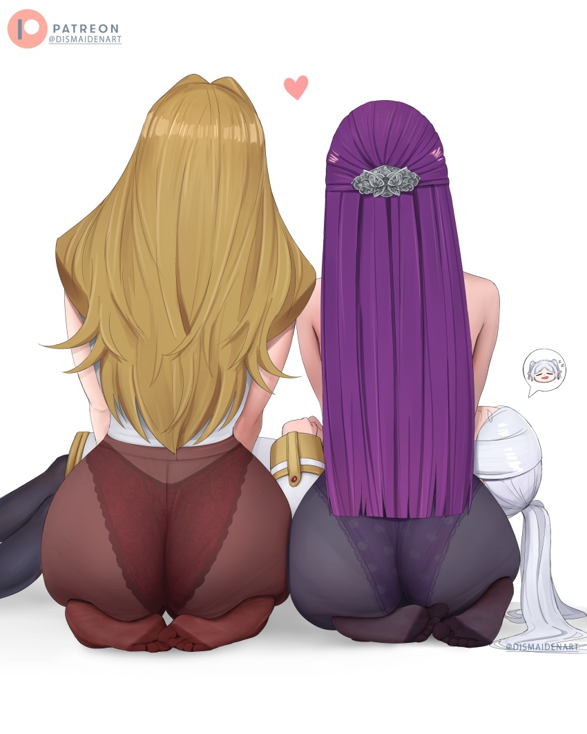 3girls, absurdres, ass, black_pantyhose, blonde_hair, blue_dress, blunt_ends, commentary