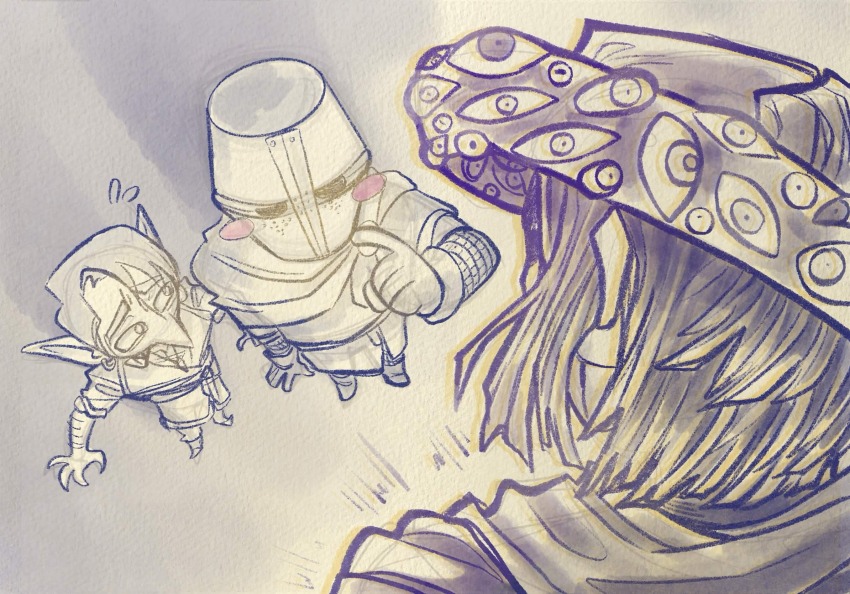 1girl, 2boys, arm_hair, armor, blush_visible_through_mask, bridal_gauntlets, commentary, english_commentary