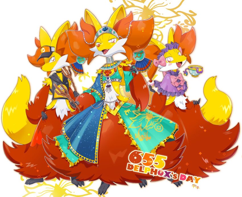 bow, delphox, delphox_(orange_unite), delphox_(sacred), delphox_(tea_party), fangs, full_body, gen_6_pokemon