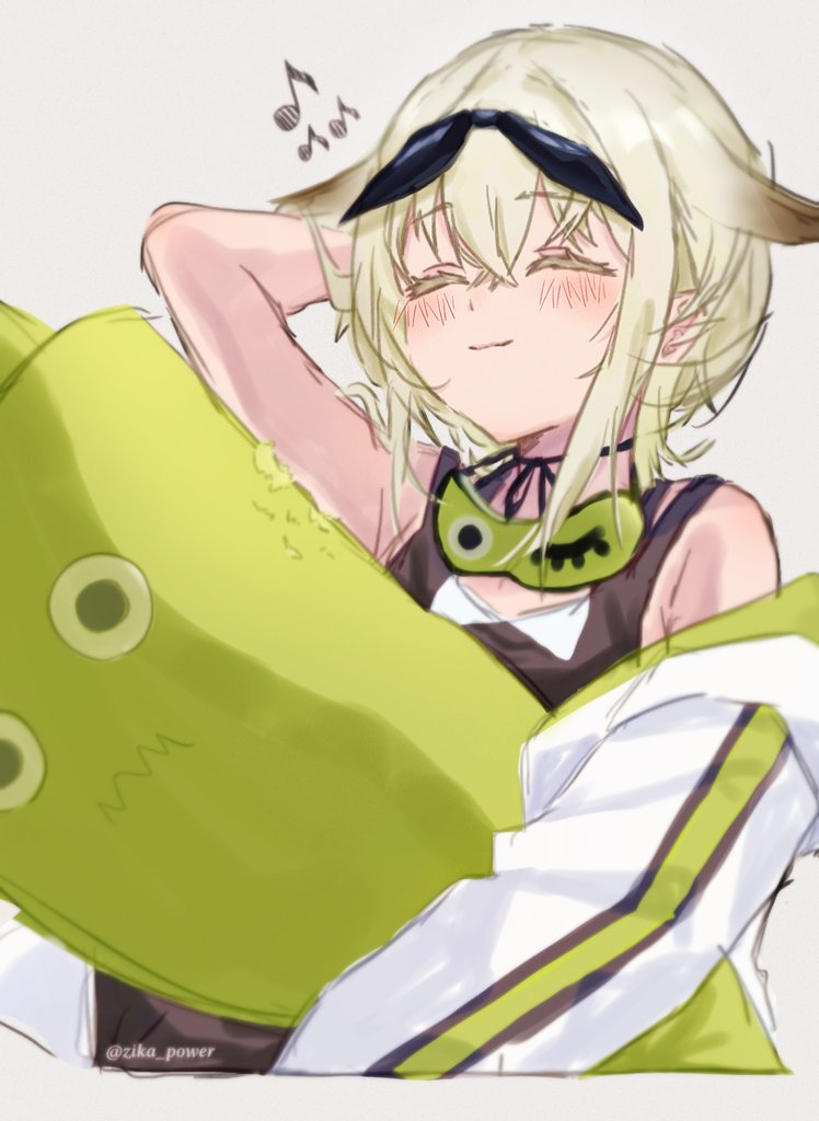 1girl, black_shirt, closed_eyes, grey_hair, haru_(reverseblue), medium_hair, musical_note, reverseblue_x_re-birthend, shirt, sidelocks, sleeveless, sleeveless_shirt, solo, stuffed_toy, twitter_username, zika_power