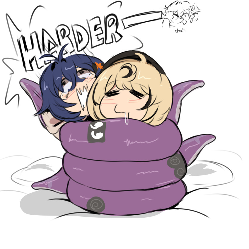 2girls, absurdres, belle_(zenless_zone_zero), blue_hair, blush, chibi, convenient_tentacle, crossed_bangs