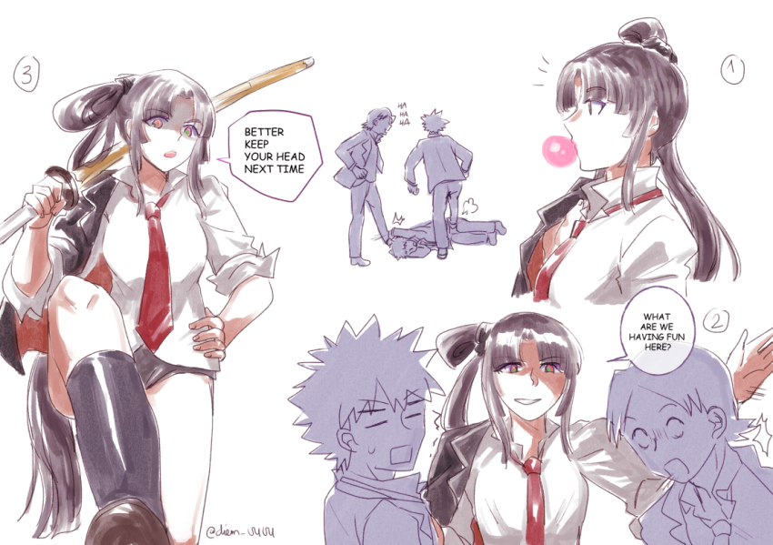 chewing_gum, cloak, collared_shirt, english_text, fate_(series), hair_bun, kicking, long_hair, mei_0404, multicolored_eyes, multiple_views, necktie, parted_bangs, school_uniform, shinai, shirt, sword, taira_no_kagekiyo_(fate), ushiwakamaru_(fate), weapon, white_background, white_shirt