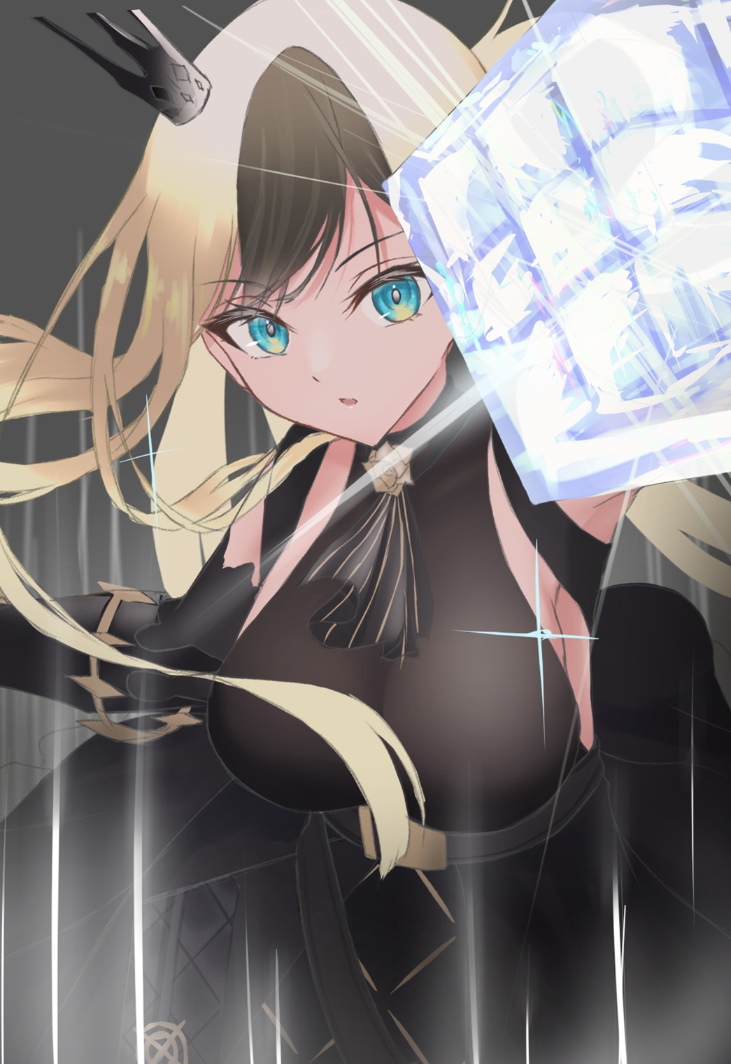 1girl, anku_(reverseblue), black_crown, black_gloves, black_hair, black_skirt, blonde_hair, bracelet