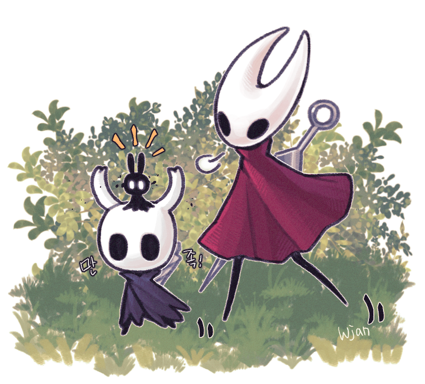 1girl, 2others, artist_name, bilingual_commentary, black_eyes, character_request, cloak, commentary_request