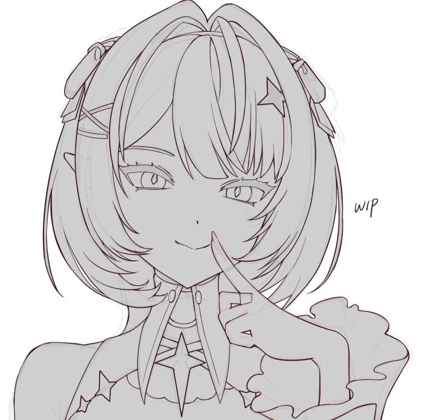 1girl, dress, finger_to_mouth, hair_ornament, highres, jewelry, looking_at_viewer, nyan_punch