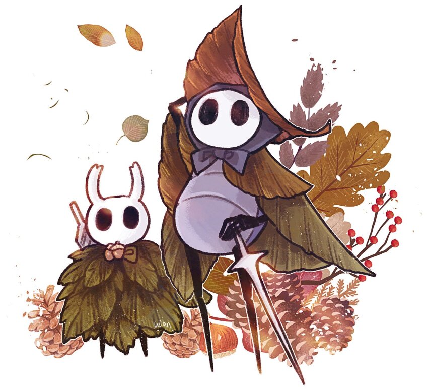 1boy, 1other, alternate_costume, autumn_leaves, black_eyes, branch, cloak, commentary