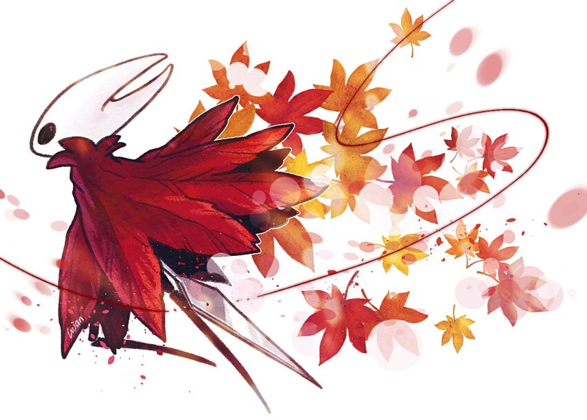 1girl, arthropod_girl, artist_name, autumn_leaves, black_eyes, cloak, commentary, english_commentary