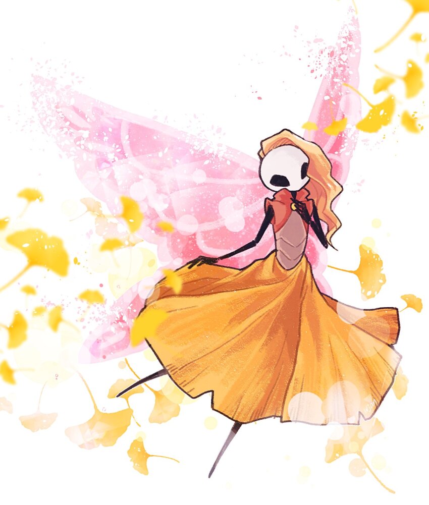 1girl, arthropod_girl, autumn_leaves, black_eyes, blonde_hair, butterfly_girl, butterfly_wings, commentary