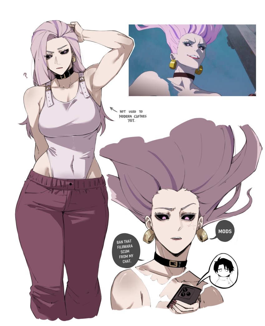 1girl, ?, absurdres, arrow_(symbol), black_sclera, breasts, cellphone, colored_sclera