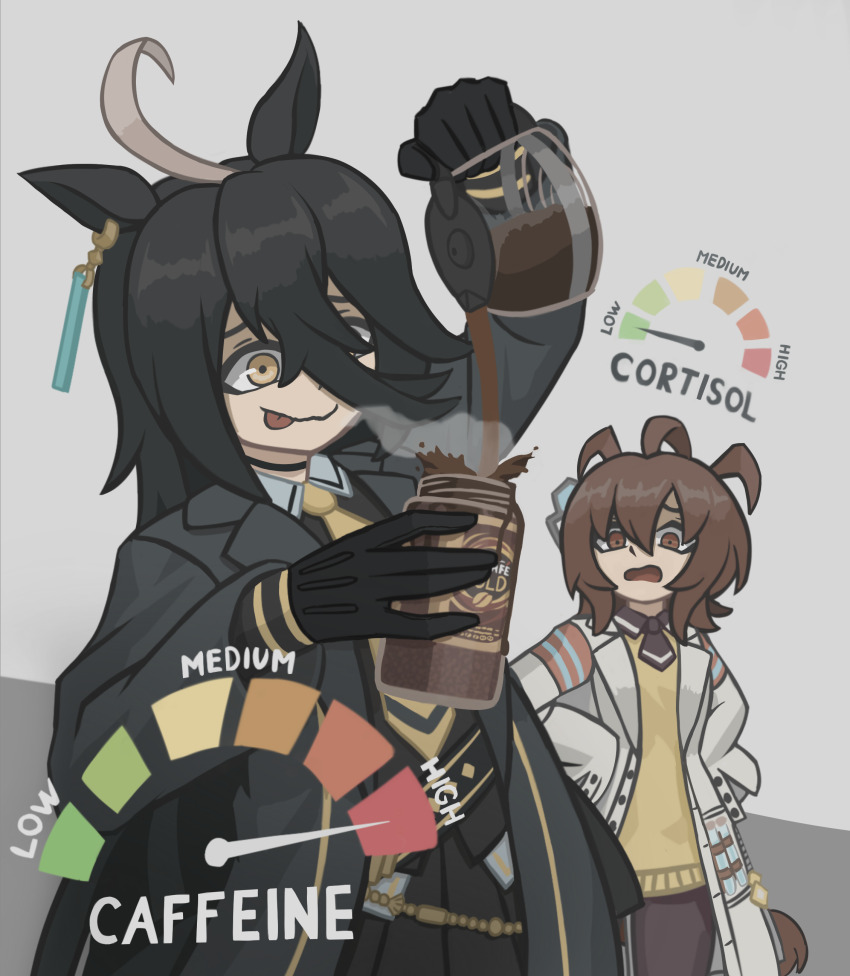 2girls, absurdres, agnes_tachyon_(tach-nology)_(umamusume), agnes_tachyon_(umamusume), ahoge, animal_ears, black_choker, black_coat