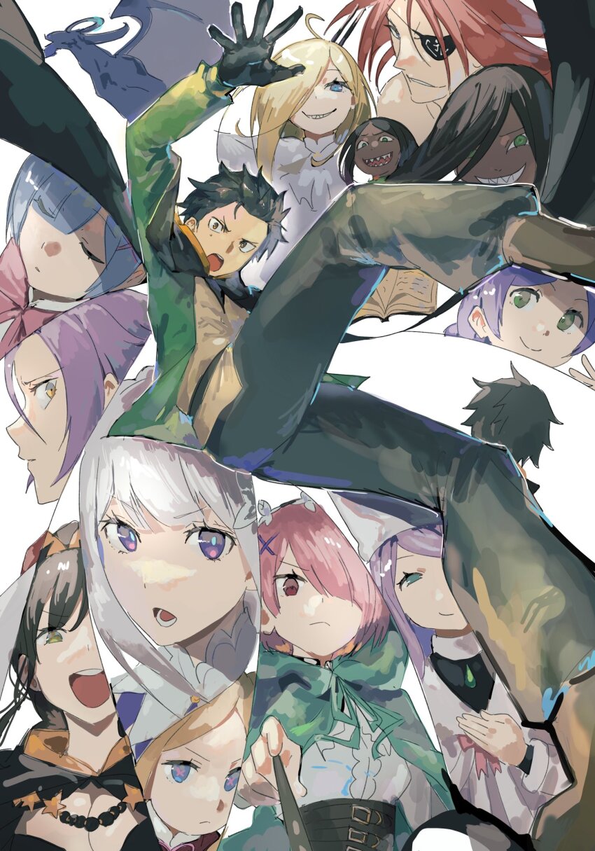 anastasia_hoshin, beatrice_(re:zero), black_hair, blonde_hair, blue_eyes, blue_hair, breasts, brown_eyes