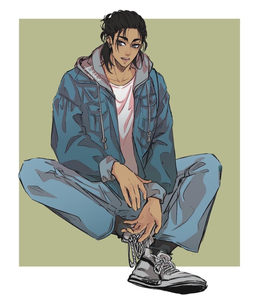 1boy, black_hair, black_socks, blue_jacket, blue_pants, border, earrings, eren_yeager